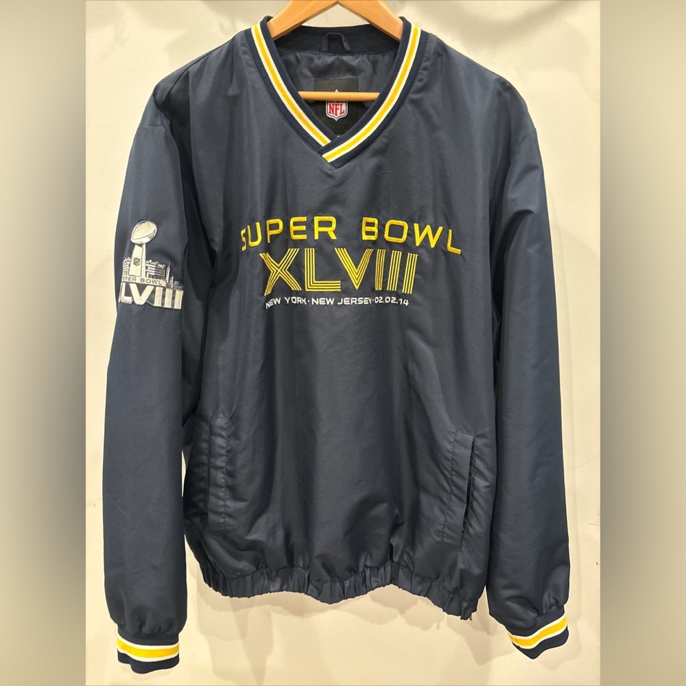 NFL Super Bowl XLVIII Pullover Windbreaker V Neck Mens XL Blue 02/02/14 NY NJ